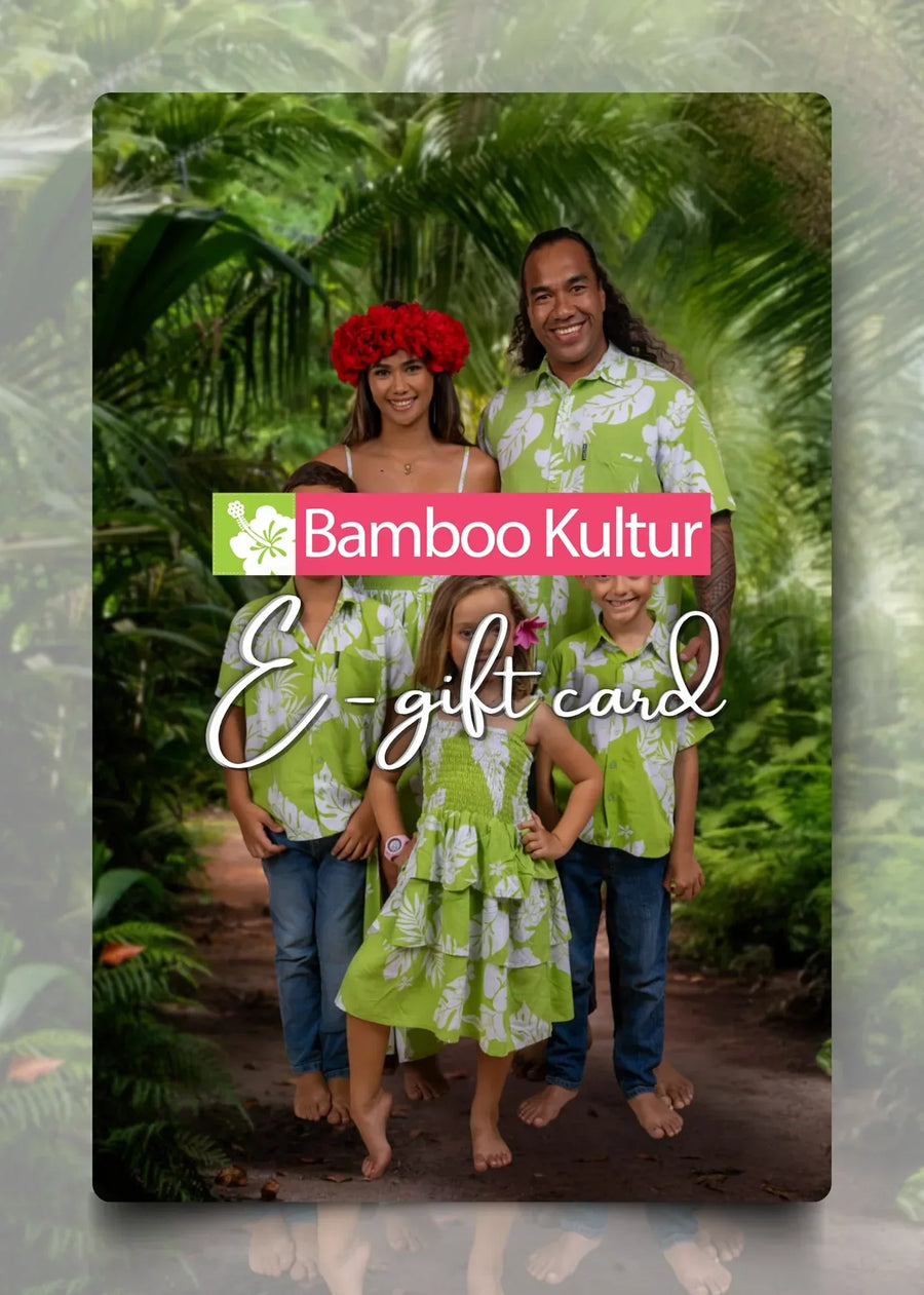 Bamboo Kultur gift card visual, bright pink background with tropical flowers and brand logo.