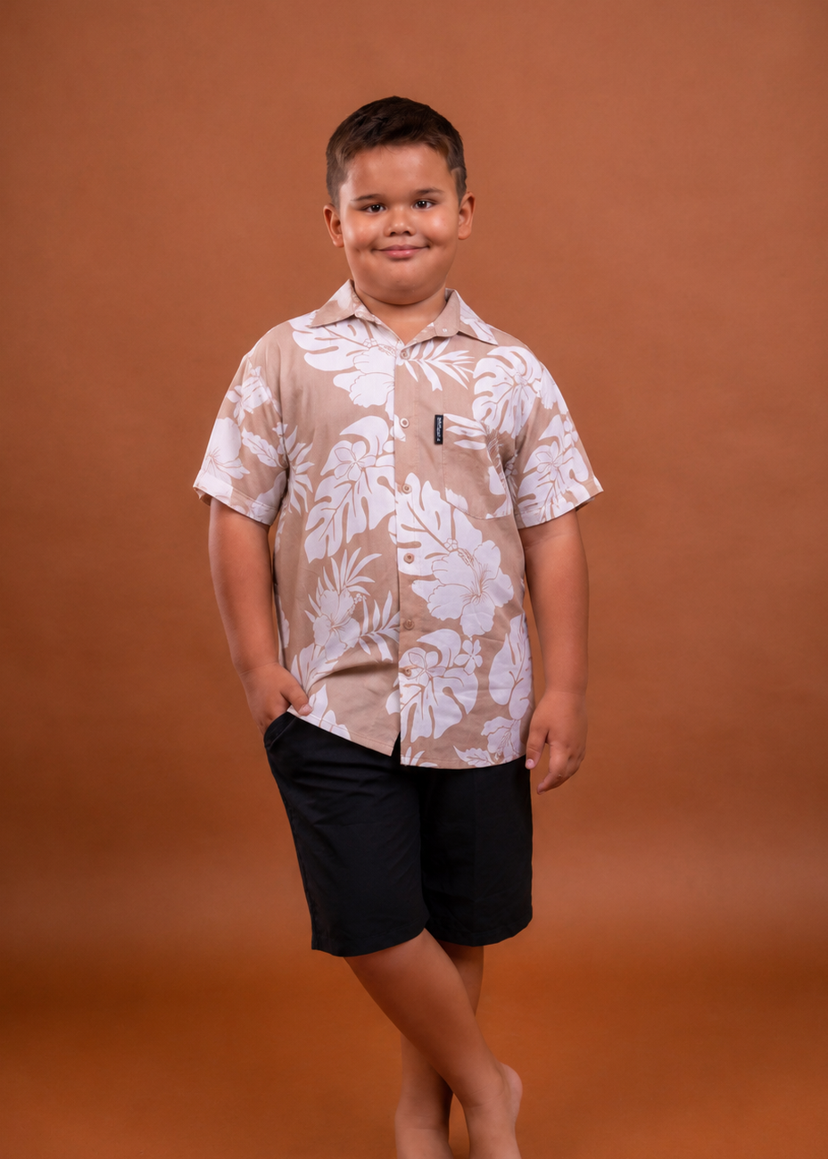 Chemise petit garçon motif hibiscus beige polynésien - Bamboo Kultur