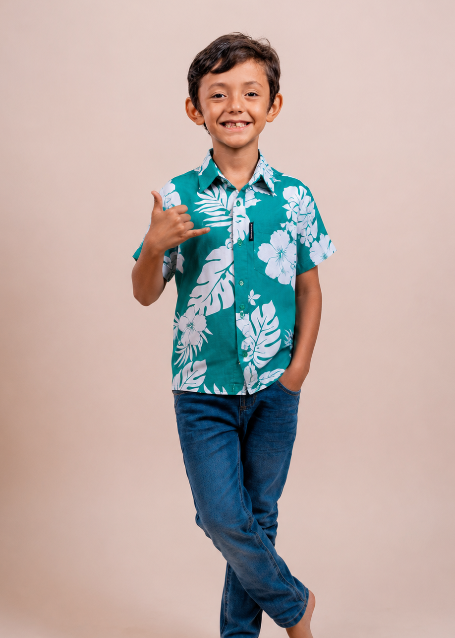 Chemise petit garçon motif hibiscus vert polynésien - Bamboo Kultur