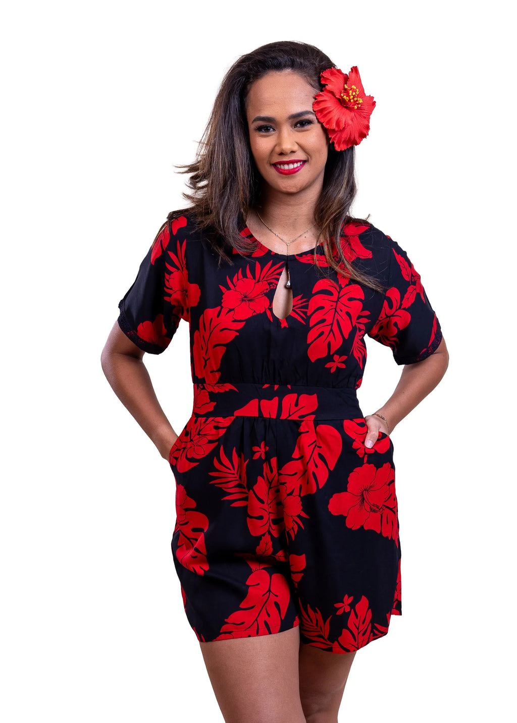 Combi-short Maia femme motif hibiscus noir rouge polynésien - Bamboo Kultur