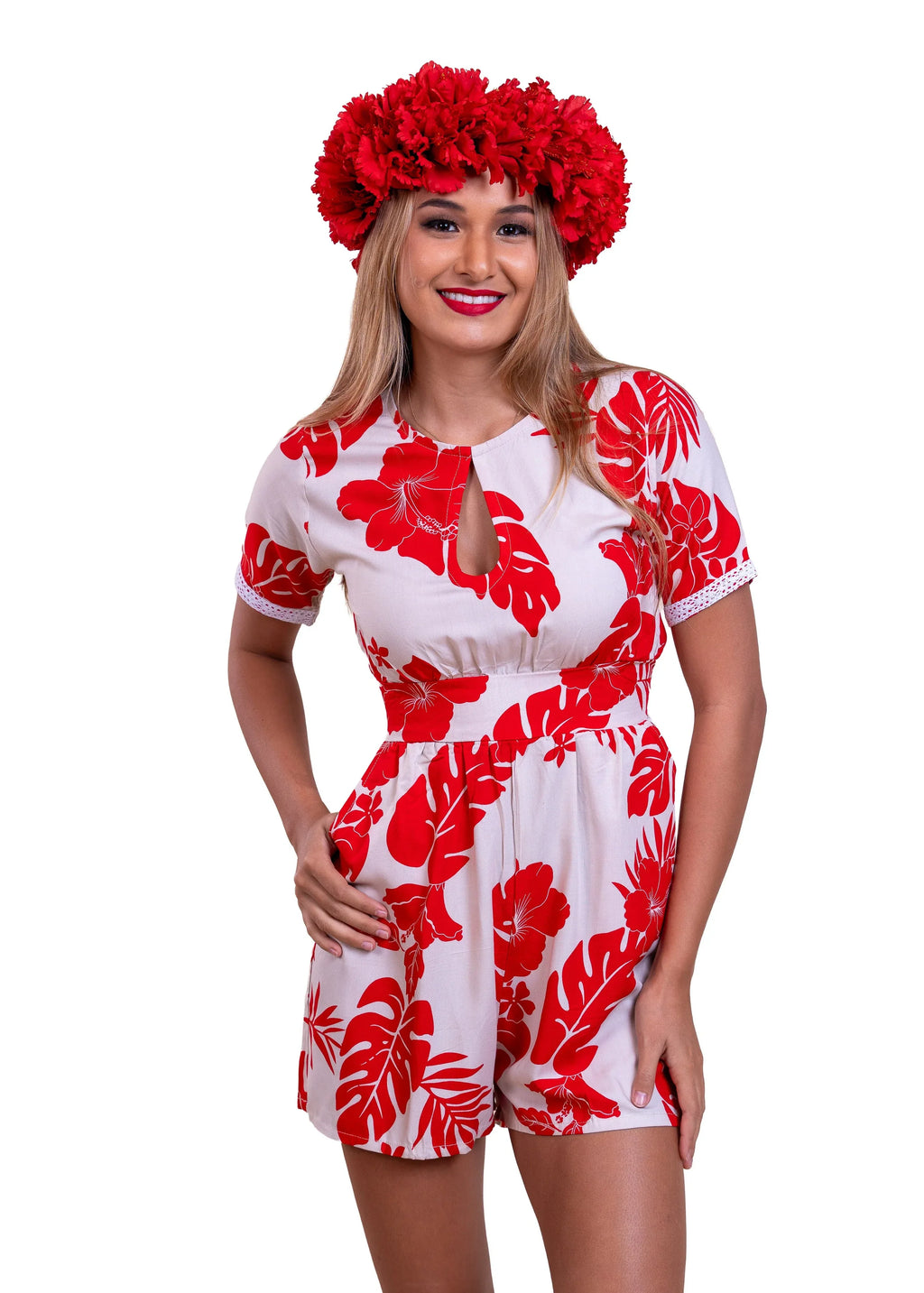 Combi-short Maia femme motif hibiscus rouge crème polynésien - Bamboo Kultur