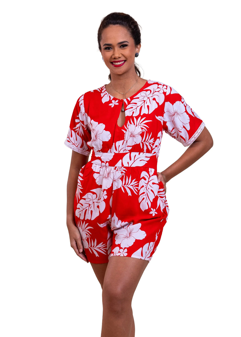 Combi-short Maia femme motif hibiscus rouge polynésien - Bamboo Kultur
