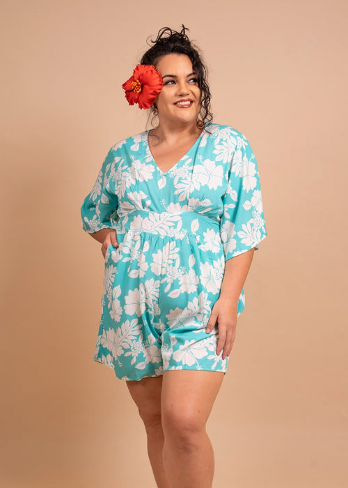Women with cute bamboo kultur Playsuit with pocket in light blue color with flower pattern