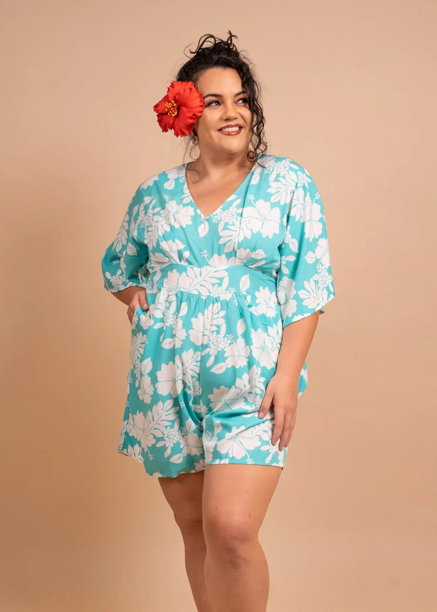 Women with cute bamboo kultur Playsuit with pocket in light blue color with flower pattern