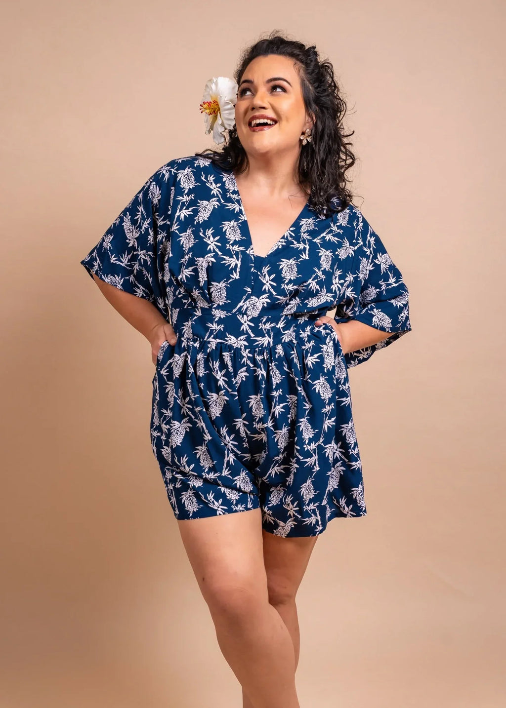 Women with cute bamboo kultur Playsuit with pocket in blue navycolor with pinaeple pattern