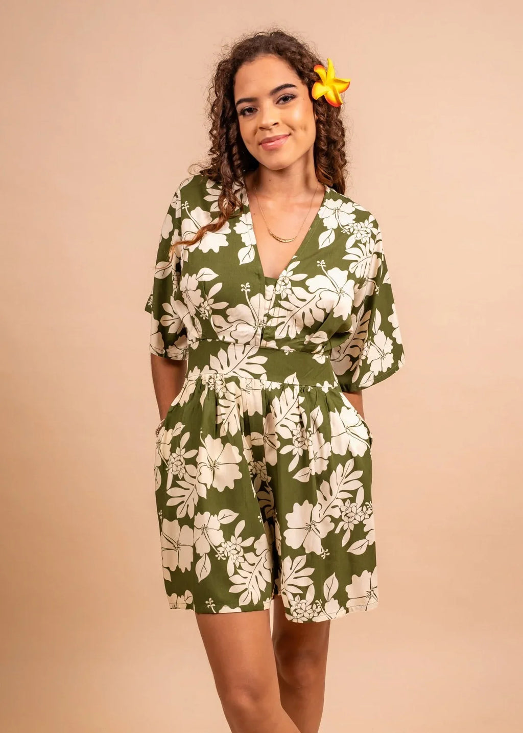 Women with cute bamboo kultur Playsuit with pocket in olive color with hibiscus pattern