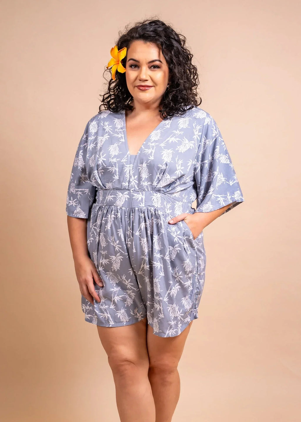 Women with cute bamboo kultur Playsuit with pocket in grey color with pinaeple patte