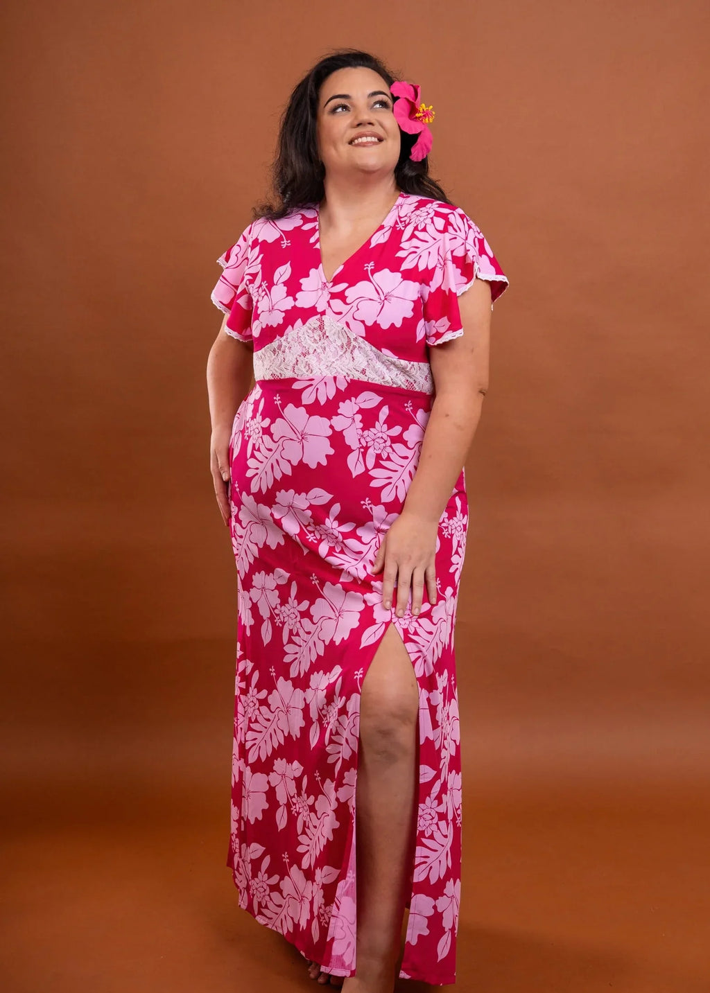 Robe Hanalei longue femme motif bloom rose polynésien - Bamboo Kultur