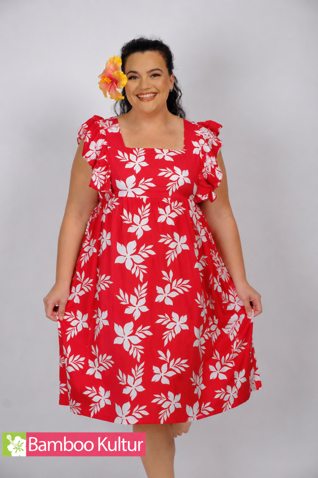 Robe Hokulani courte femme motif tipanier rouge polynésien - Bamboo Kultur
