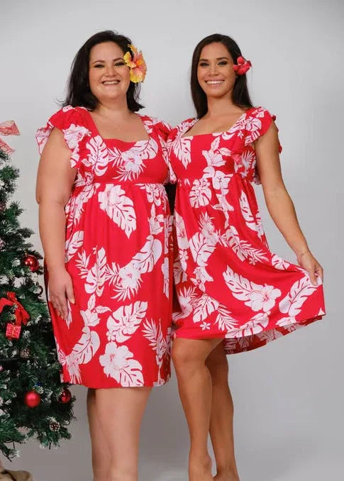 Robe Hokulani courte femme motif hibiscus rouge polynésien - Bamboo Kultur