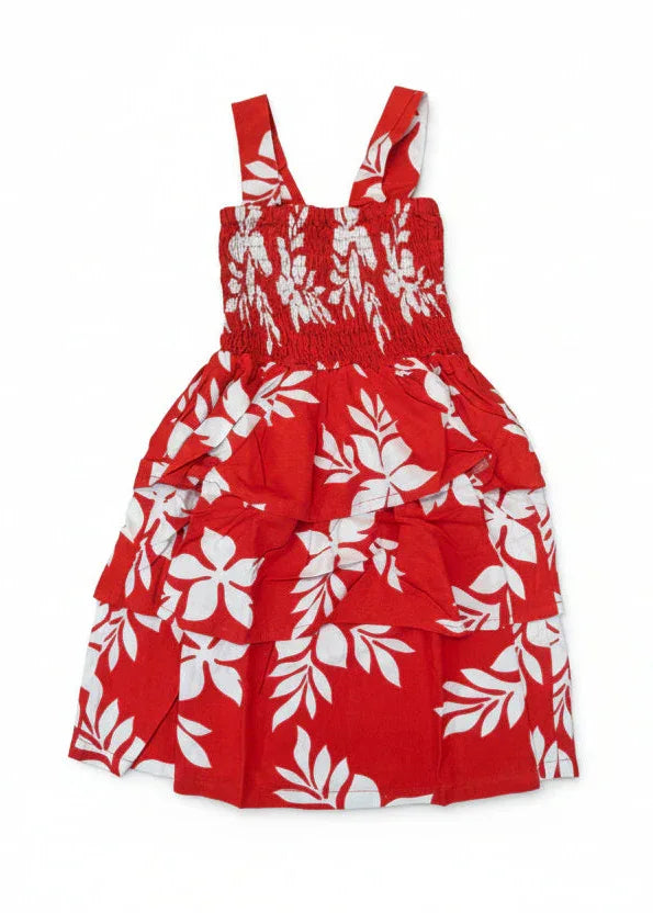 Robe petite fille Heilani motif tipanier rouge blanc polynésien - Bamboo Kultur