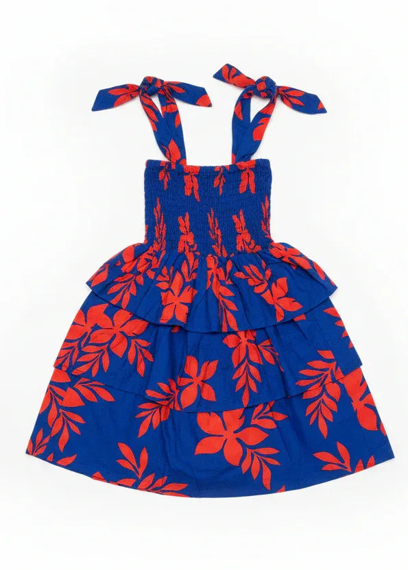 Robe petite fille Heilani motif tipanier rouge royal polynésien - Bamboo Kultur