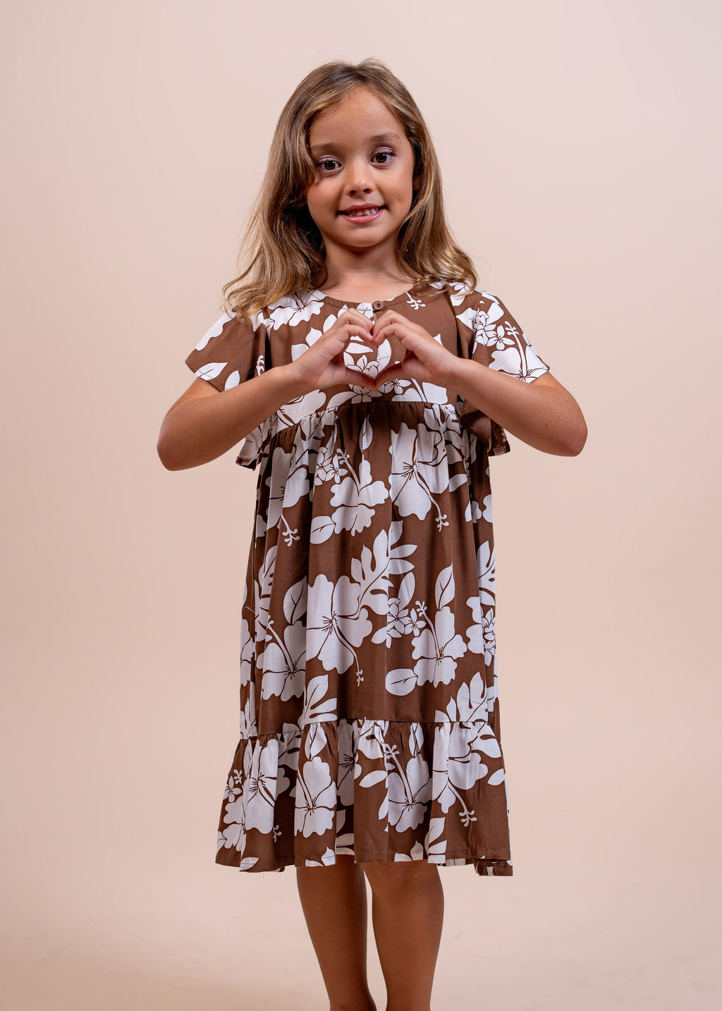 Robe pareo petite fille Mahine motif bloom marron polynésien - Bamboo Kultur
