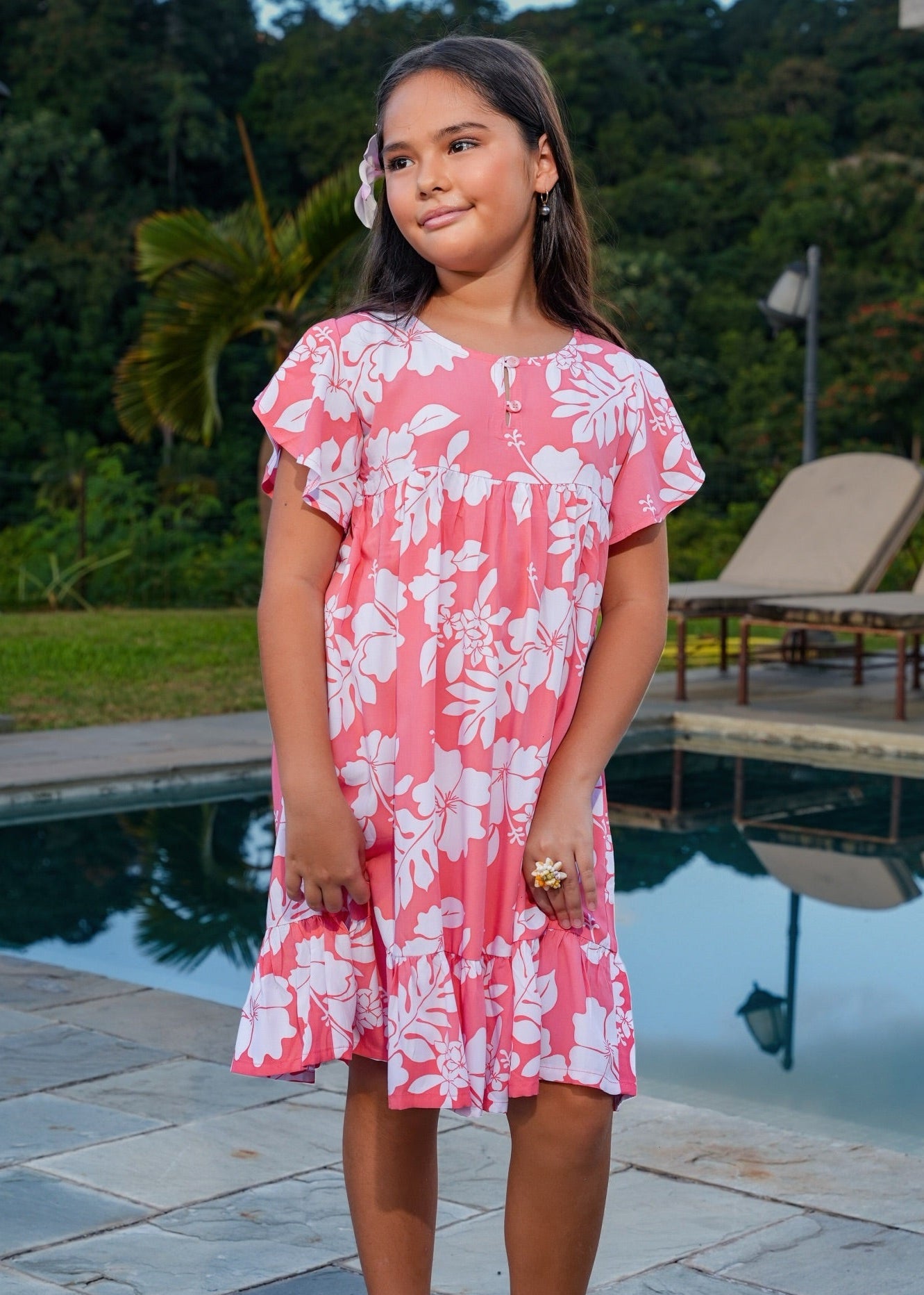 Robe pareo petite fille Mahine motif bloom saumon polynésien - Bamboo Kultur