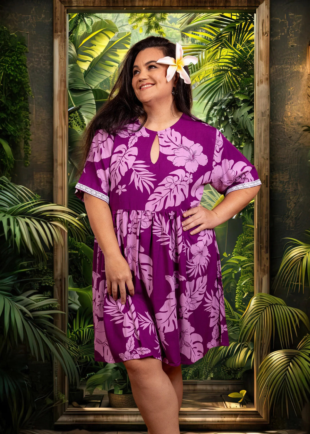 Robe Maia courte femme motif hibiscus mauve polynésien - Bamboo Kultur