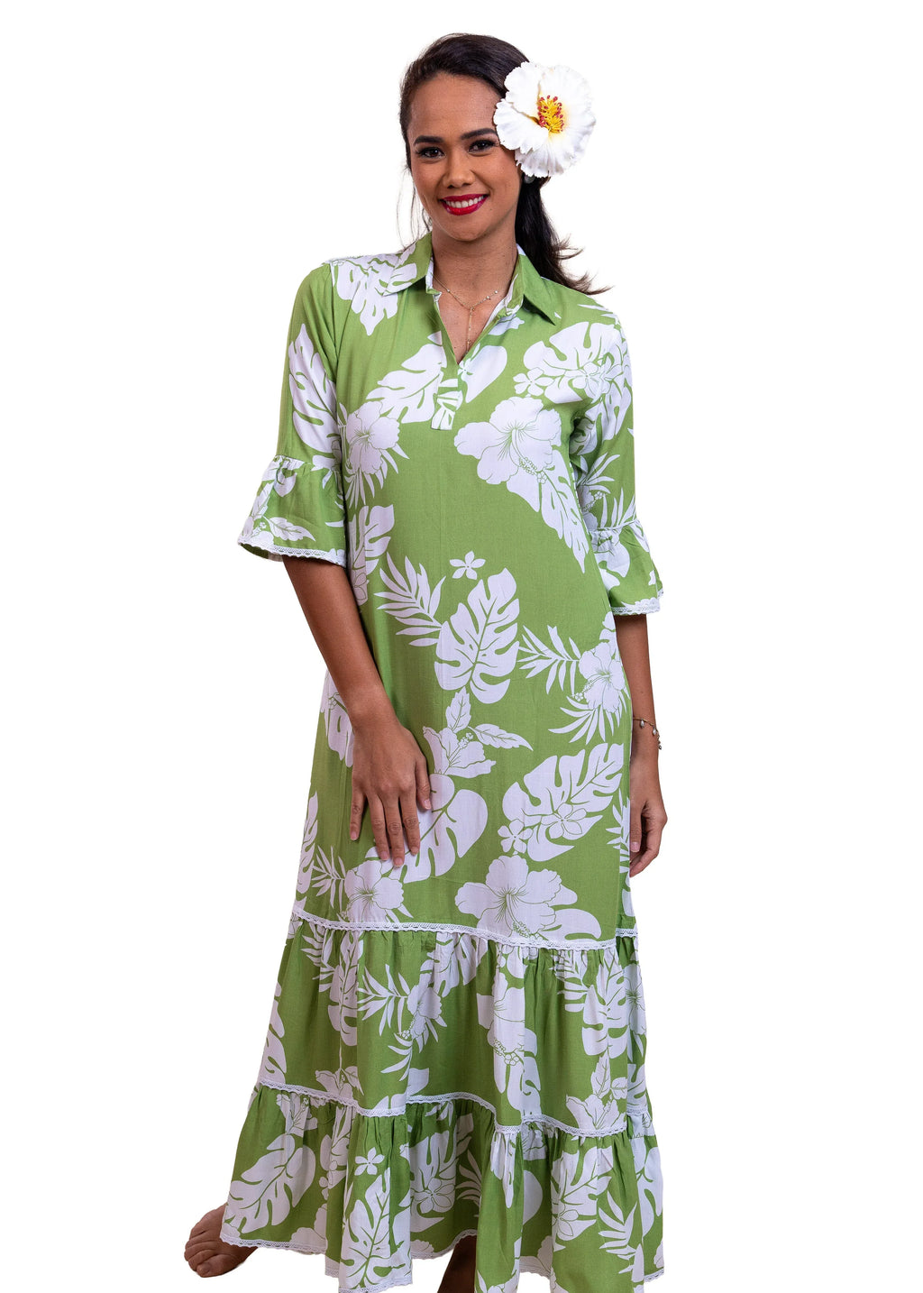 Robe Herehia longue femme motif tiare vert polynésien - Bamboo Kultur