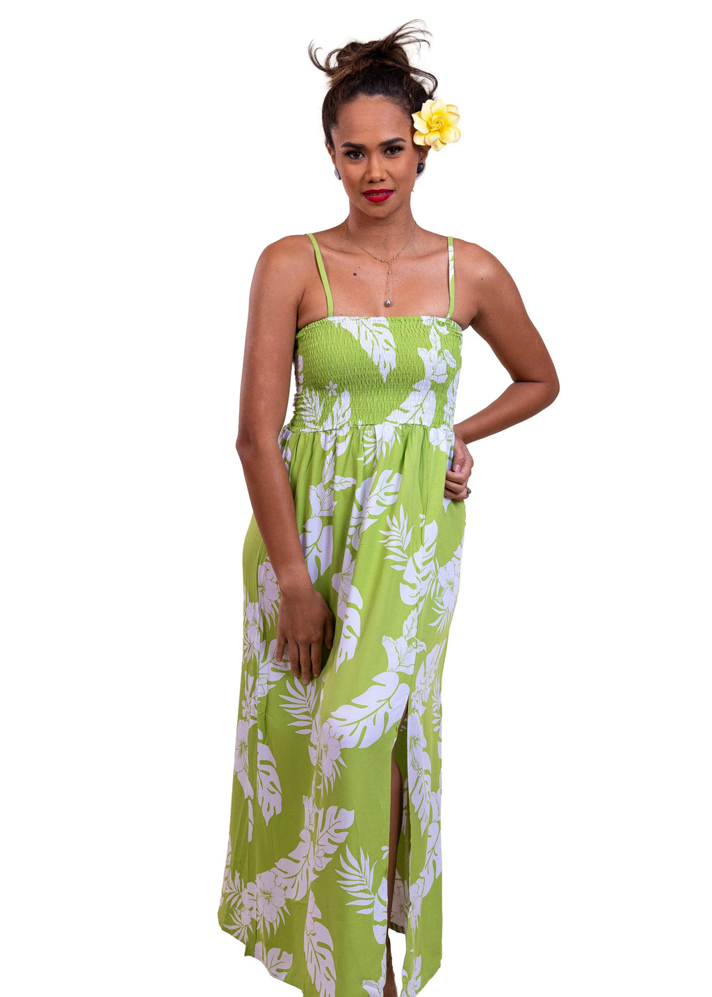 Robe Fetia femme motif tiare vert polynésien - Bamboo Kultur