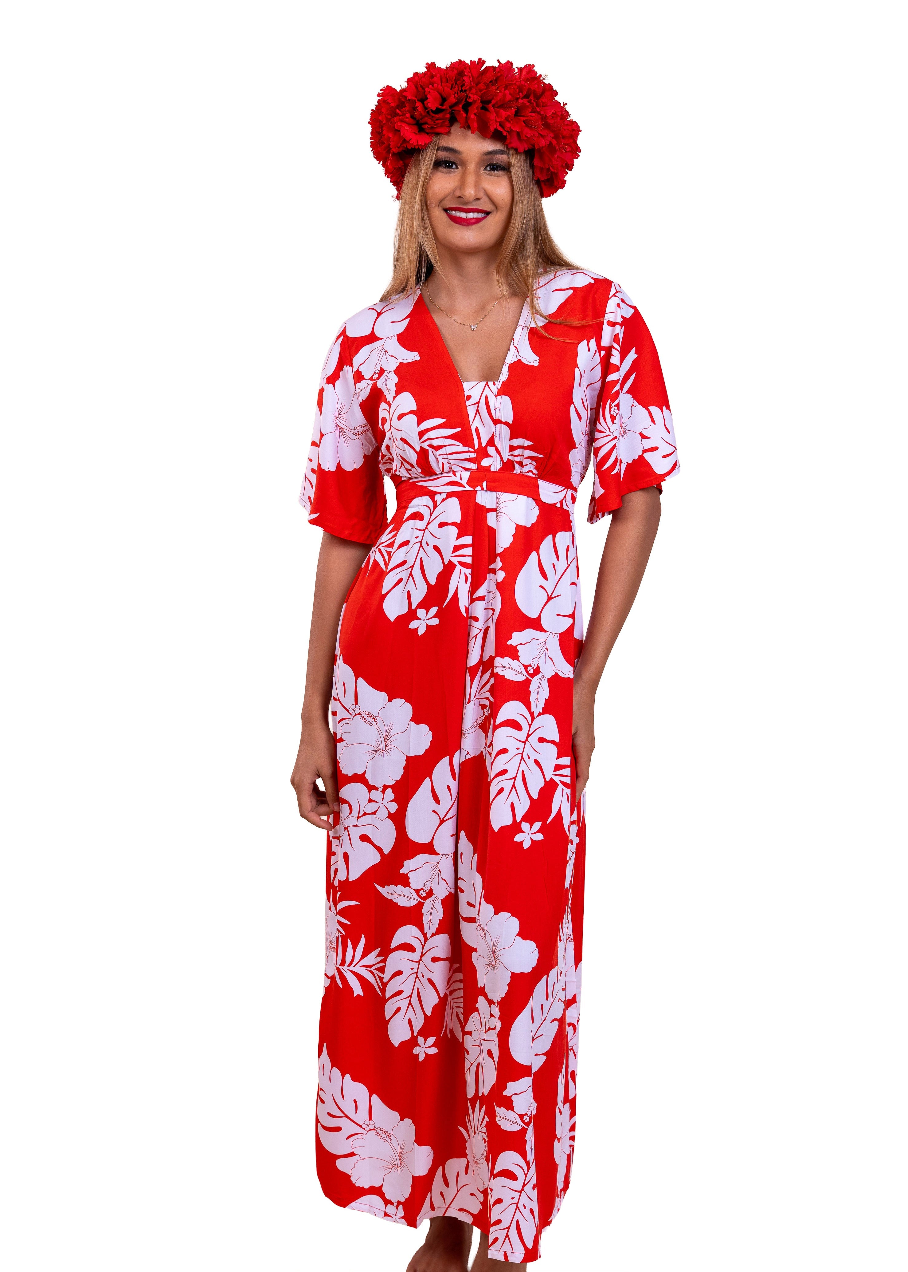 Kea Wearing the Tahia Bamboo kultur dress in Red and white hibiscus patterns