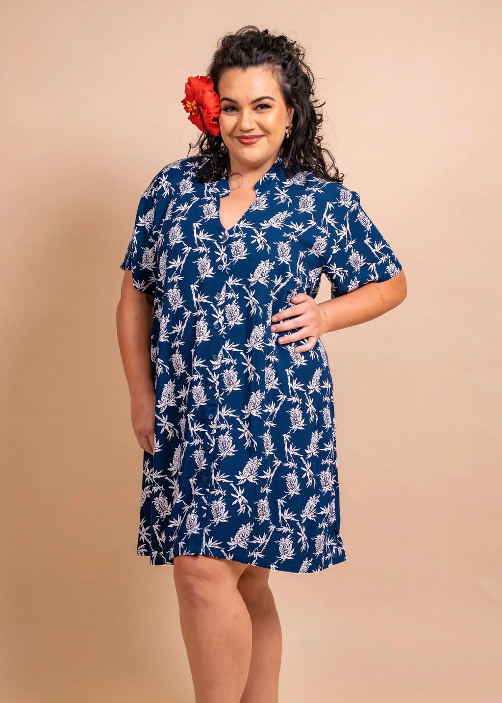 Women with cute bamboo kultur shirt dress in blue navy color with pinaeple pattern