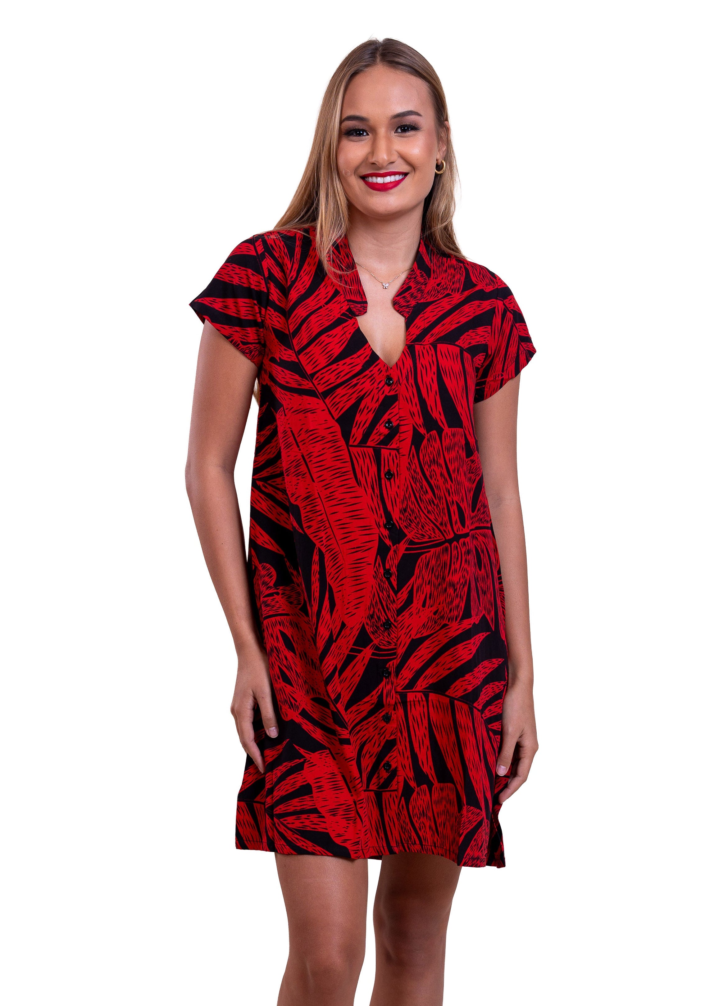 Kea wearing the Tevaite bamboo kultur dress in short version, Red and black tropical leaf pattern 