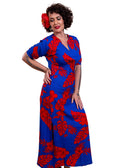 Eimeo Wearing the Vaima Bamboo kultur dress in Bleu and Red hibiscus patterns